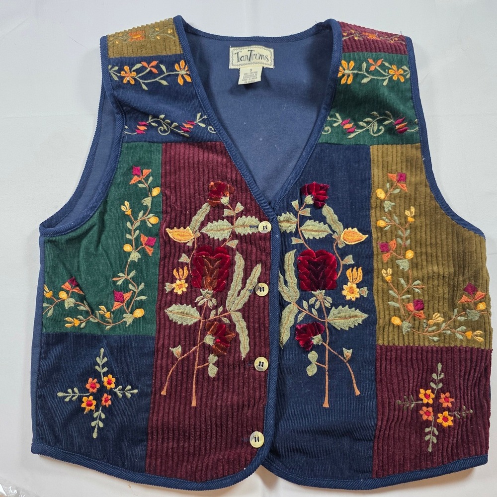 Tantrums Vintage Style Patchwork Corduroy Floral Embroidered Velvet Rose Vest S